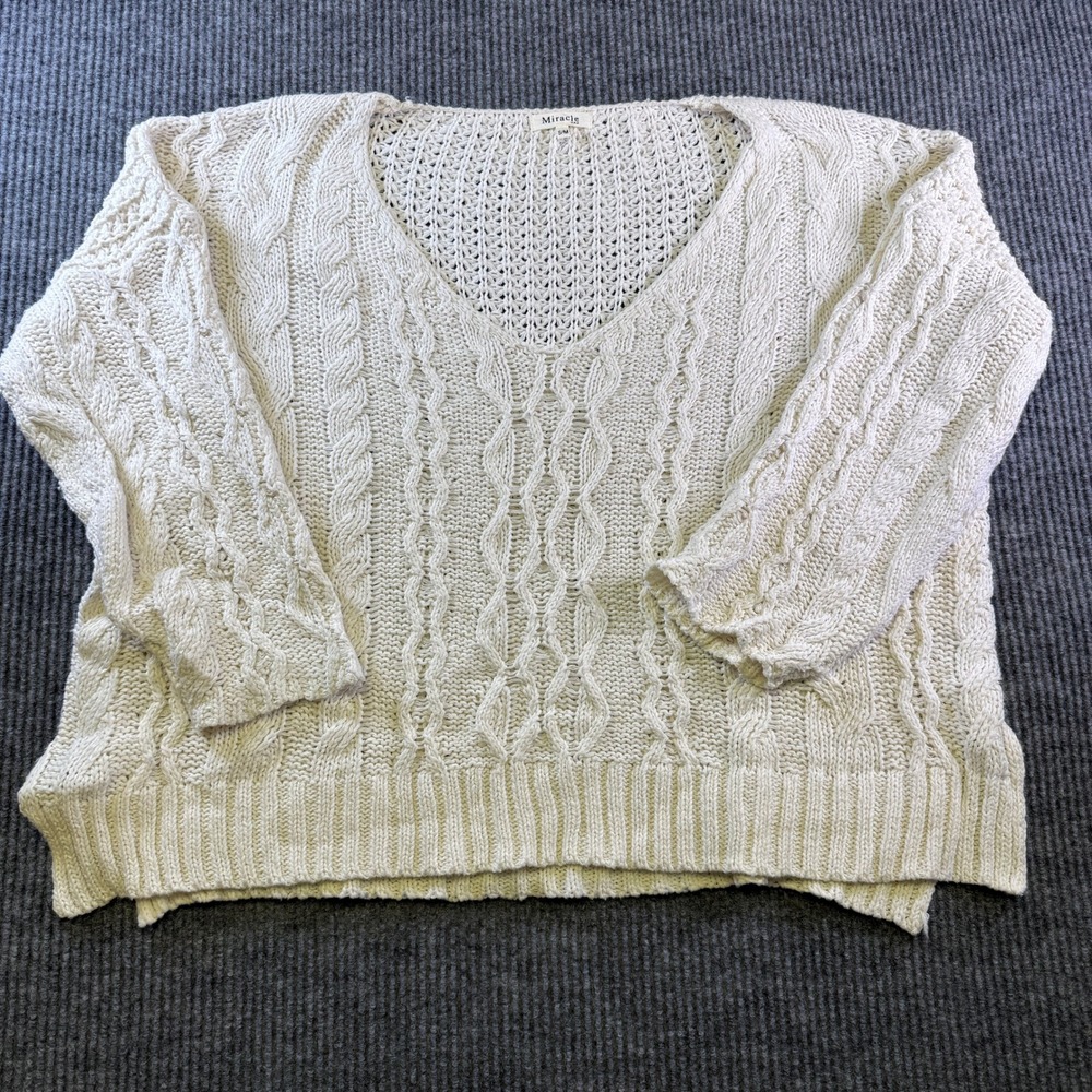 Miracle Cable Knit Sweater S/M Cream Cotton Blend V-Neck Oversized Pullover Top
